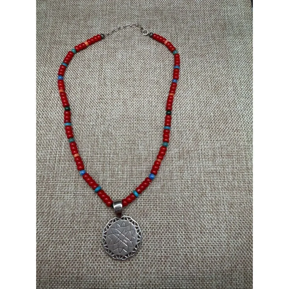 Sterling Silver Mosaic Pendant Necklace on Red Beaded Strand – Boho Artisan Styl